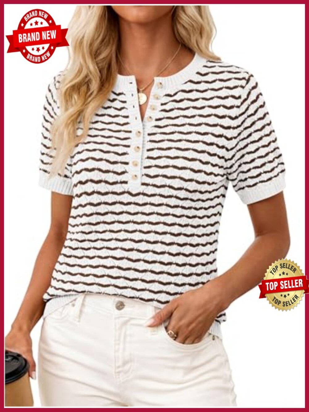 Womens Striped Short Sleeve Henley Sweater Button Up Knit Top